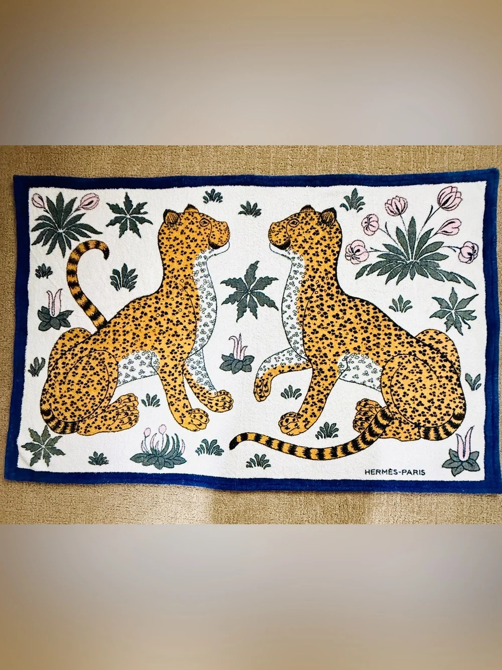 Vintage Hermes Les Leopards Cotton Terry Beach Towel Navy White GM Drap Plage